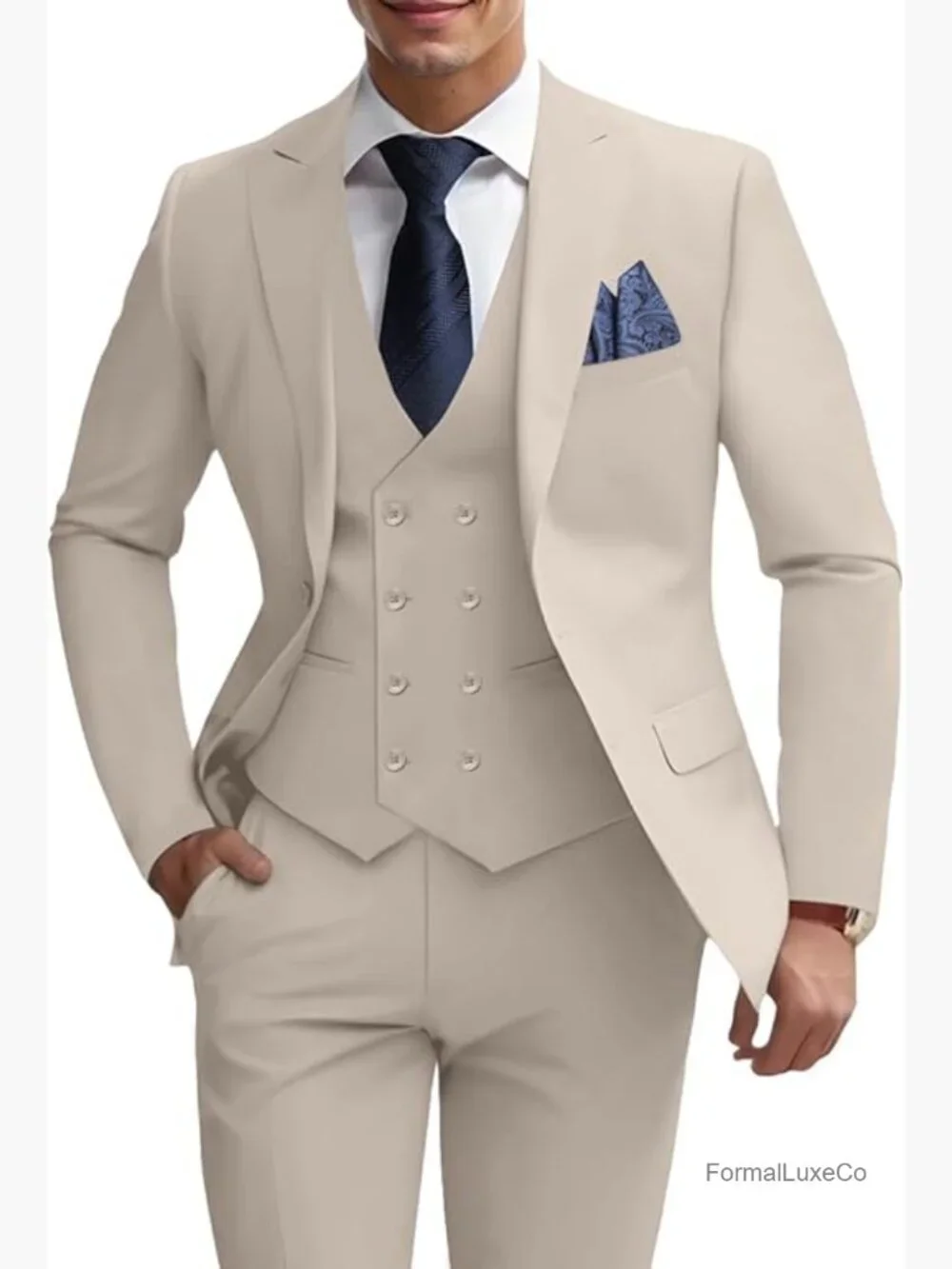 Men's 3-Piece Slim Fit Suit Set Double Breasted Blazer Vest Pants Tuxedo